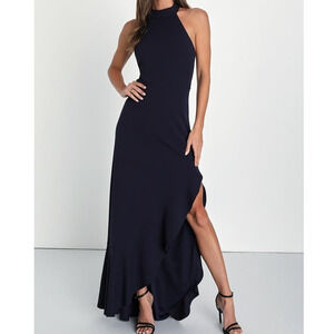 LULU'S SZ M Majestic Perfection Navy Blue Ruffled Halter Hi Low Maxi NEW B154
